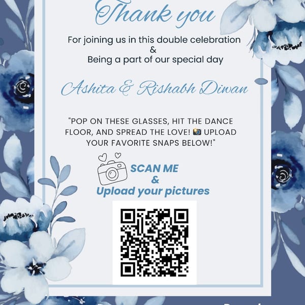 A thank you note with blue floral borders, inviting guests to upload photos via a QR code.