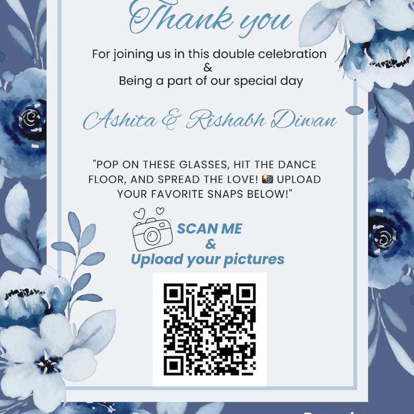 A thank you note with blue floral borders, inviting guests to upload photos via a QR code.